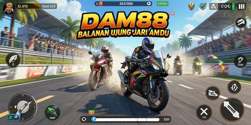 Screenshot gameplay <strong>DAM88</strong> menampilkan aksi balapan motor yang intens dan penuh semangat.