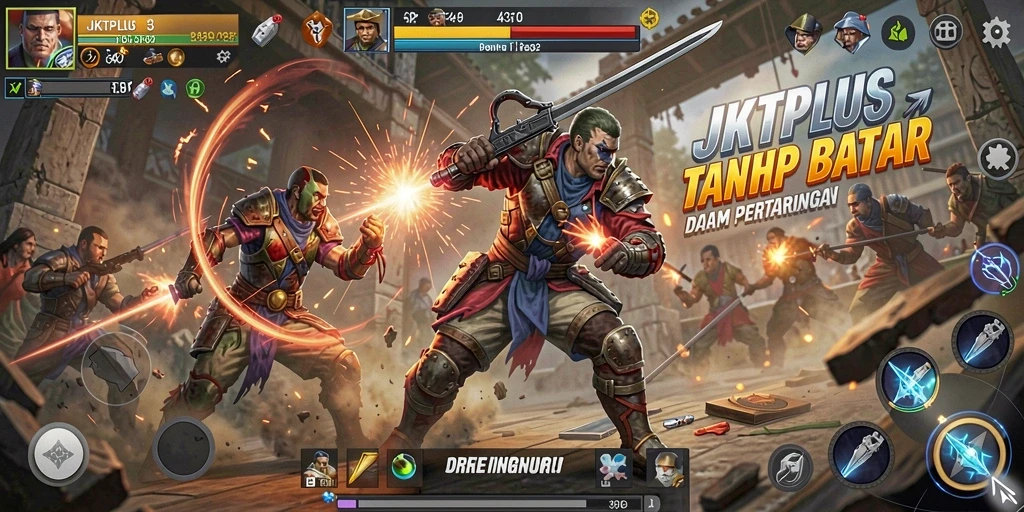 Screenshot utama menunjukkan karakter bertarung dalam aksi dinamis.