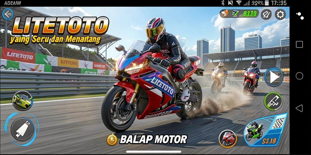 Screenshot gameplay LITETOTO yang menunjukkan aksi balap motor yang mendebarkan.