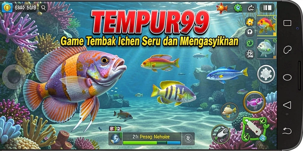 Screenshot utama TEMPUR99 menampilkan aksi menembak ikan yang seru.